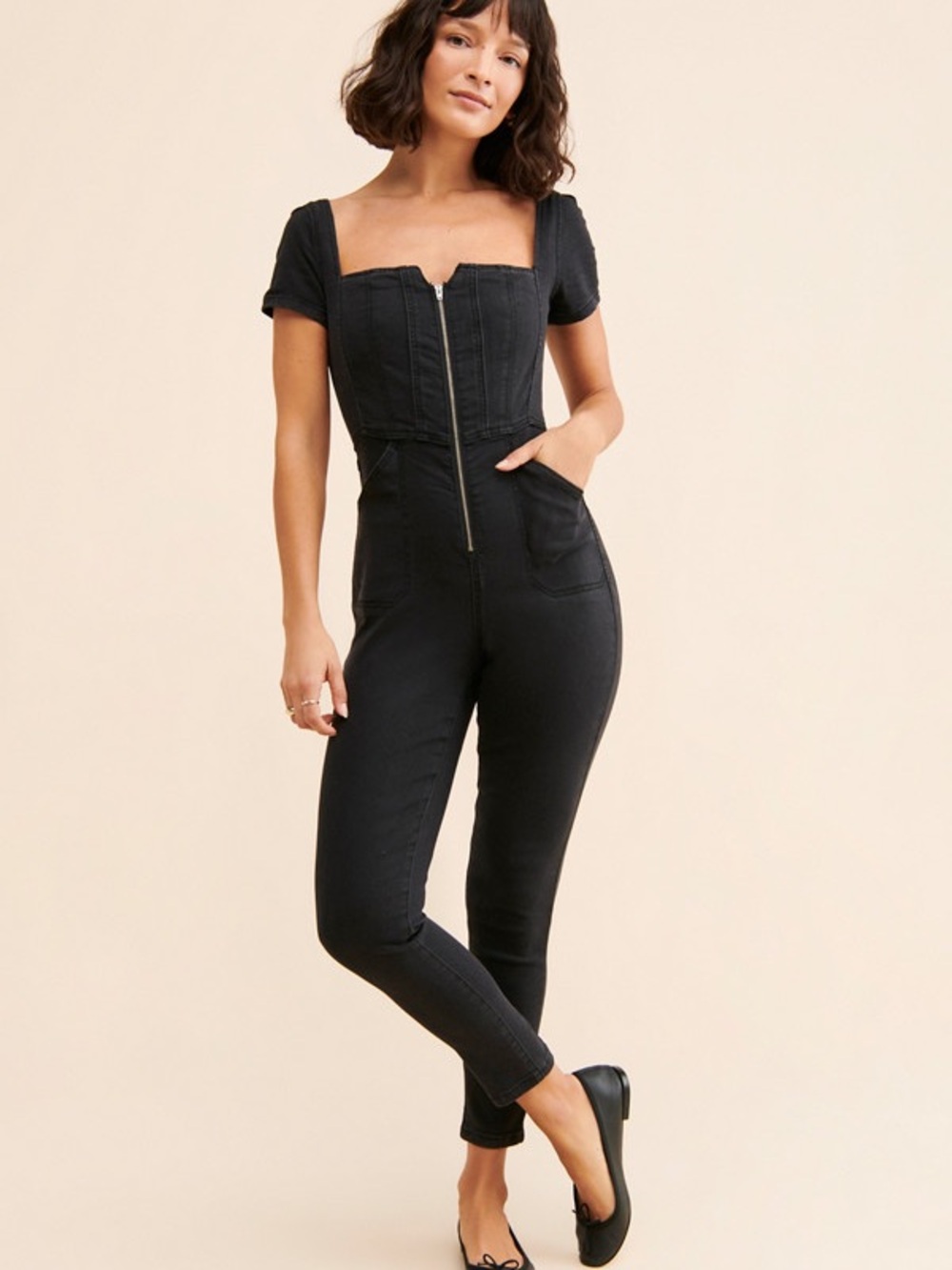 $148 Free People Women's Black Zip-Front Jumpsuit Selena Slim Fit Medium M